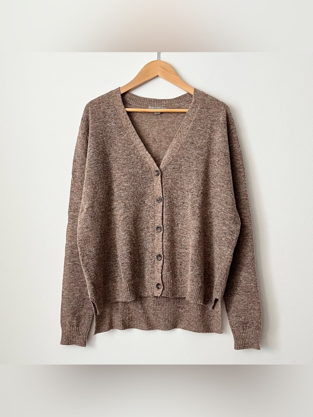 COS Women's V-Neck Cardigan XS Alpaca Wool Blend Brown Pink Relaxed Lightweight